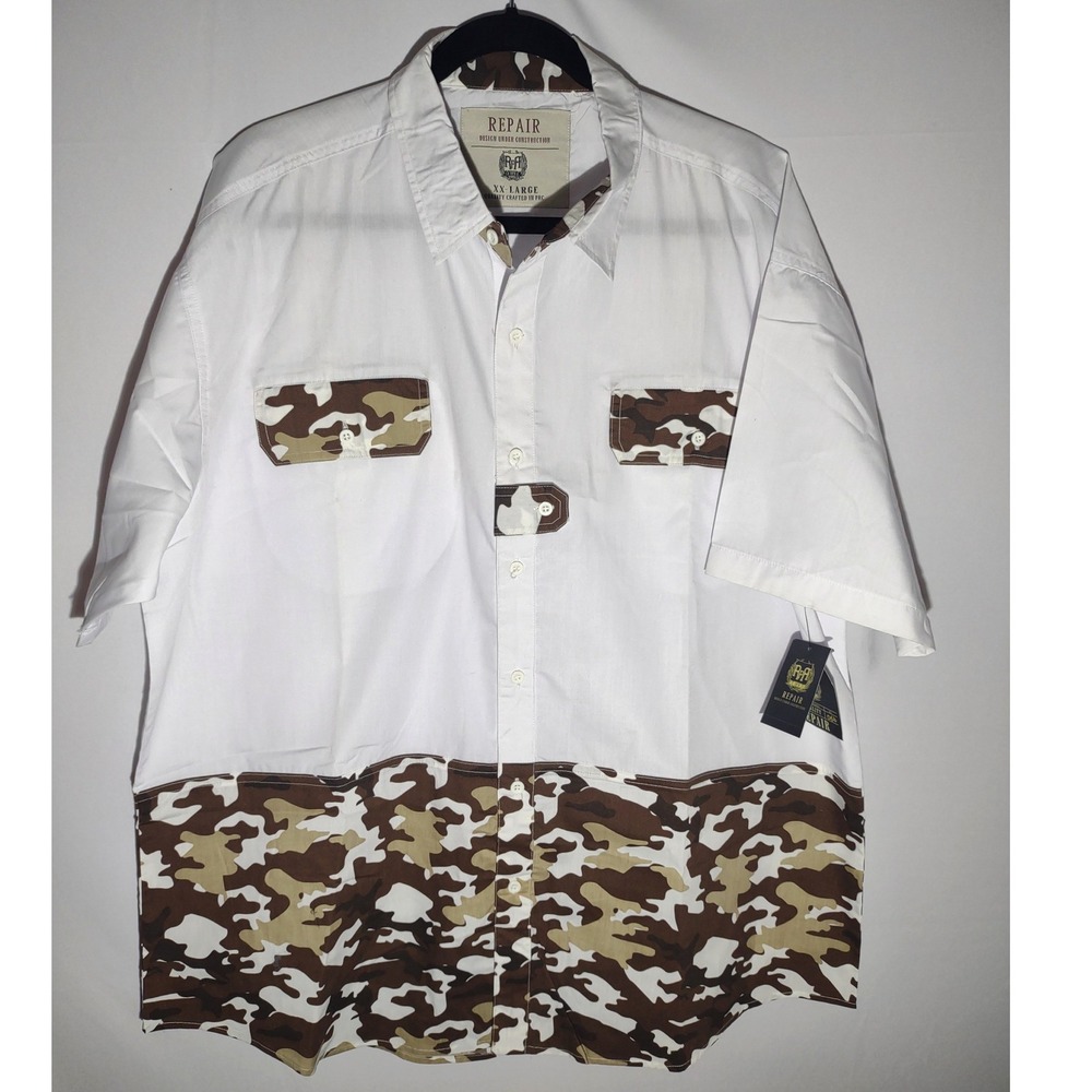 Repair Mens Camo Pattern Blocked Woven Shirt White Brown RP-2071 XXL NEW